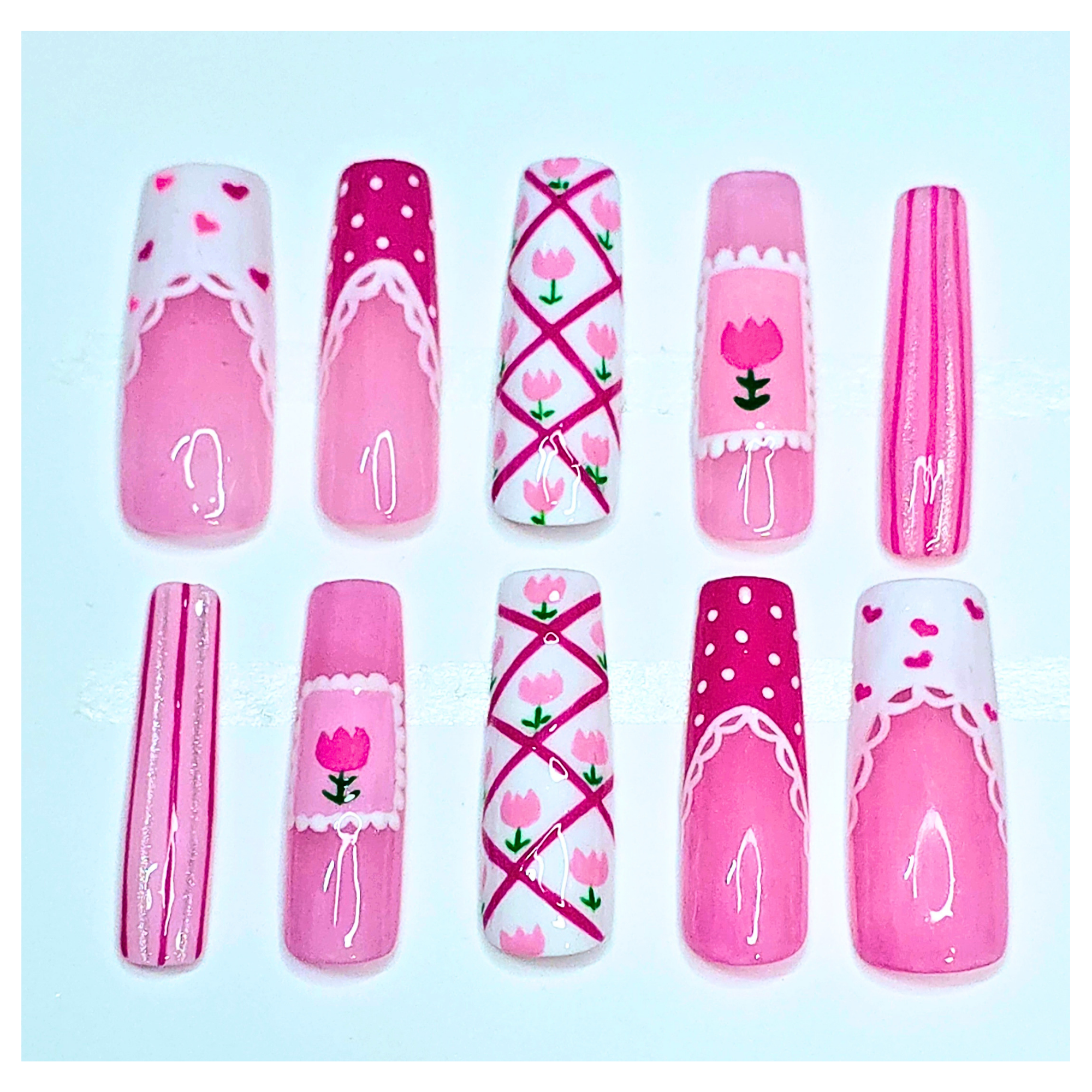 Pink Hearts and Tulips Press-on Nails